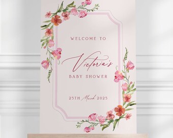 Baby Shower Welcome Sign with Pink Floral Detail | Baby Girl | Welcome Baby Party Sign Print | Custom Personalised with Name | Red Flowers
