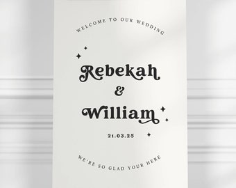 Wedding Welcome Sign with Boho Stars Celestial, Minimalist A0 A1 A2, Printed Wedding Sign, Modern Retro