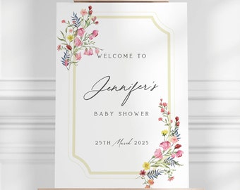 Neutral Baby Shower Welcome Sign with Floral Detail | Baby Girl Boy | Welcome Baby Party Sign Print | Personalised with Name | Unisex