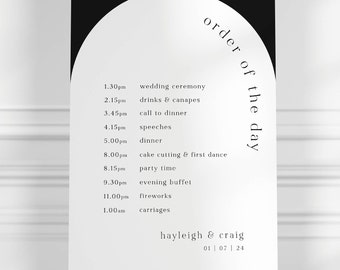 Modern Order of the Day Sign with Arch Detail, Wedding Timing Details, A0 A1 A2,  Wedding Schedule Monochrome Black & White Minimalist