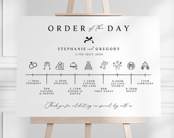 Wedding Order of the Day Sign, A0 A1 A2 Printed Sign, Wedding Schedule Timings, Ribbon Bow Detail, Black & White Decor, Large Printed Signs