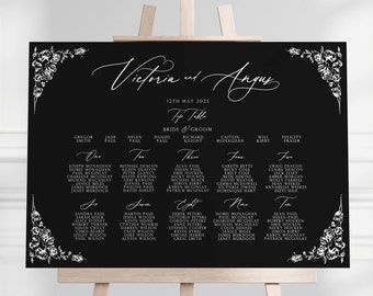 Wedding Table Plan Seating Chart with Delicate Rose Detail, A0 A1 A2 Sign, Black & White, Monochrome, Modern, Vintage Elegant Wedding