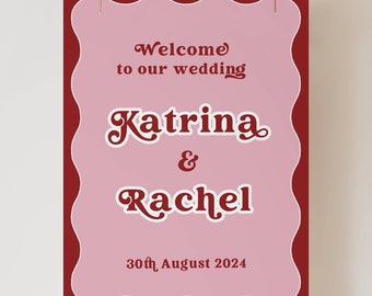 Colourful Welcome Sign Wedding with Wavy Edge Detail, Quirky Fun Bright Modern Summer Beach Wedding, Red & Pink Wedding Decor,