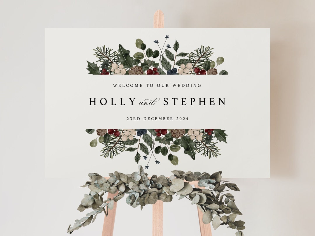 Printed Winter Wedding Welcome Sign, Christmas Holly Wreath Design ...