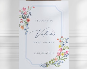 Baby Shower Welcome Sign with Floral Detail | Baby Boy | Welcome Baby Party Sign Print | Custom Personalised with Name | Blue Baby Shower