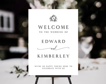 Modern Wedding Welcome Sign Monogram Detail, Black & White Monochrome Wedding Decor A0 A1 A2, Black Modern Script, Printed Board