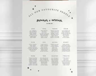 Printed Wedding Table Plan Seating Chart with Modern Retro Stars Celestial Detail, A0 A1 A2 Sign, All Our Favourite People