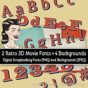 May include: Two retro 3D movie fonts in red and blue with a white outline. The fonts include uppercase and lowercase letters, numbers, and symbols. The image also includes four backgrounds in yellow, blue, and red.