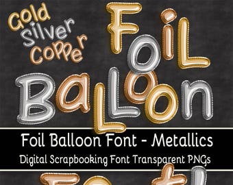 Globo de lámina dorada, plateada o de cobre (fuente PNG) - Mayúsculas, minúsculas, números y puntuación