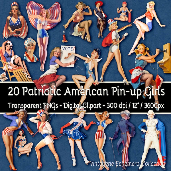 20 Patriotic American Pin-up Girls Digital Clipart - 20 Transparent 300 dpi PNGs 12" / 3600 pixels - Vargas Moran Driben Elvgren