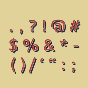 May include: A set of red and white 3D punctuation marks and symbols, including a period, comma, question mark, exclamation point, at symbol, number sign, dollar sign, percent sign, ampersand, asterisk, hyphen, parentheses, forward slash, quotation marks, colon, semicolon, and comma.