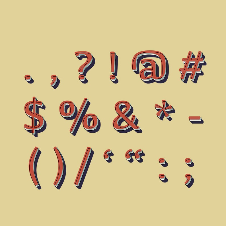 May include: A set of red and white 3D punctuation marks and symbols, including a period, comma, question mark, exclamation point, at symbol, number sign, dollar sign, percent sign, ampersand, asterisk, hyphen, parentheses, forward slash, quotation marks, colon, semicolon, and comma.