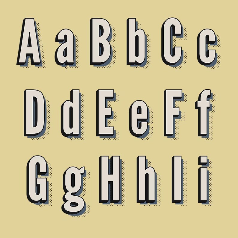 May include: A white alphabet with a black outline and a dotted background. The letters are in uppercase and lowercase, and they are arranged in alphabetical order.