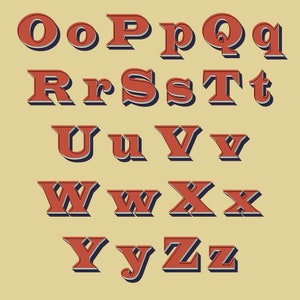 May include: A vintage-style alphabet with red letters outlined in blue. The letters are in uppercase and lowercase, and they are arranged in alphabetical order.