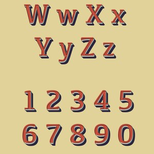 May include: A set of red and blue outlined letters and numbers in a retro style font. The letters are W, w, X, x, Y, y, Z, and z. The numbers are 1, 2, 3, 4, 5, 6, 7, 8, 9, and 0.