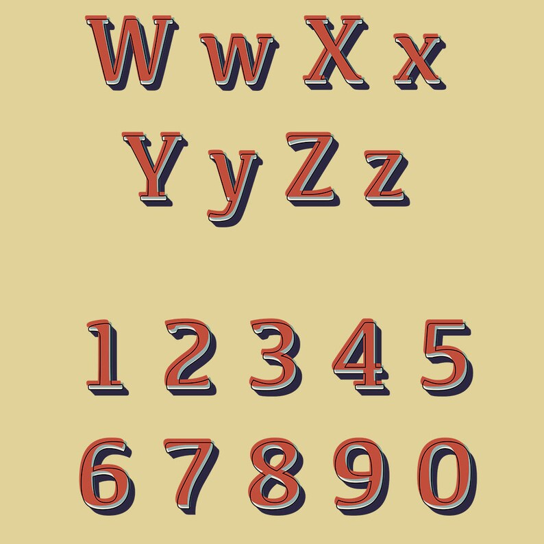 May include: A set of red and blue outlined letters and numbers in a retro style font. The letters are W, w, X, x, Y, y, Z, and z. The numbers are 1, 2, 3, 4, 5, 6, 7, 8, 9, and 0.