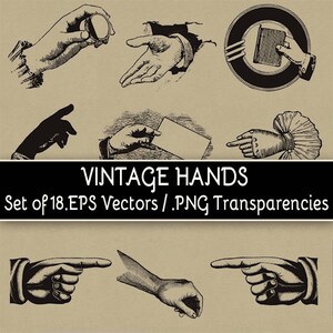 Vintage Hands Illustrations - Set of 18 - PNG Transparencies and EPS Vectors