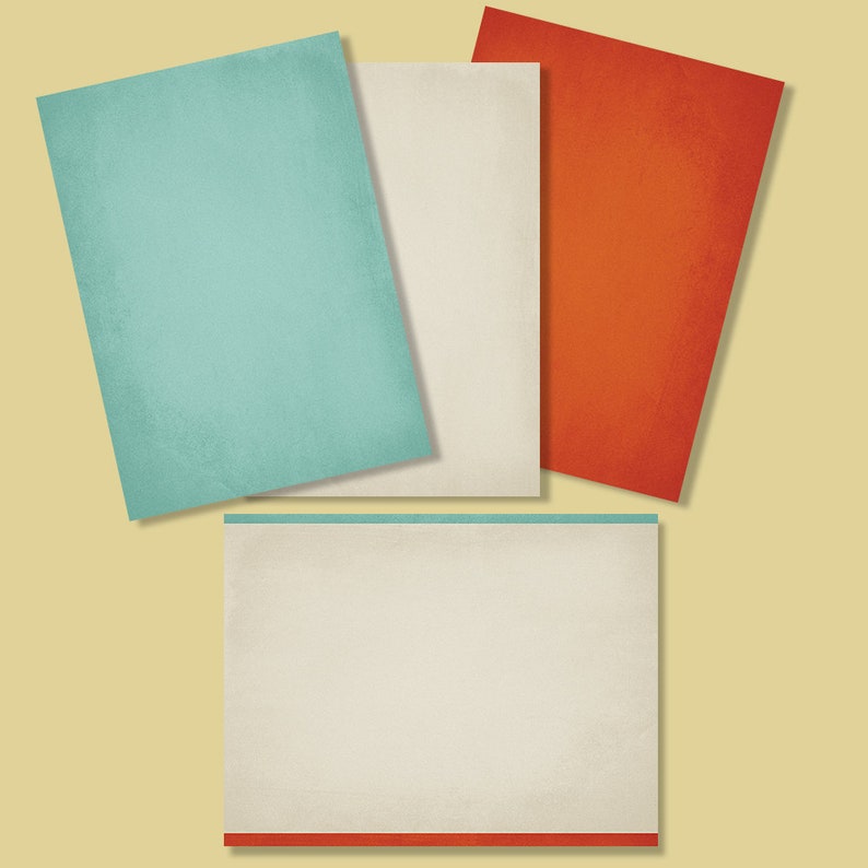 May include: Four blank cards with textured surfaces. The cards are arranged in a staggered pattern. The top card is orange, the second card is white, the third card is light blue, and the bottom card is beige with a thin blue line and a red line at the bottom.