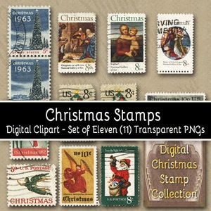 Christmas Stamps - Digital Clipart - Set of Eleven (11) Transparent PNGs