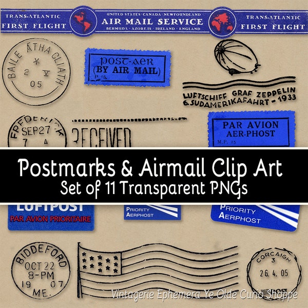 Postmarks and Airmail Vintage Clip Art - Set of 11 Transparent PNGs