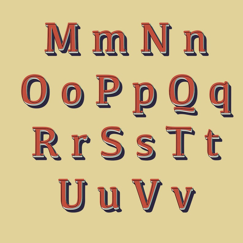 May include: A set of uppercase and lowercase letters from M to V in a vintage style font. The letters are red with a white outline and a blue shadow.
