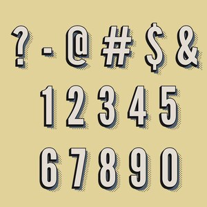 May include: A set of white numbers and symbols with a retro comic book style. The numbers include 1, 2, 3, 4, 5, 6, 7, 8, 9, and 0. The symbols include question mark, hyphen, at symbol, number sign, dollar sign, and ampersand.