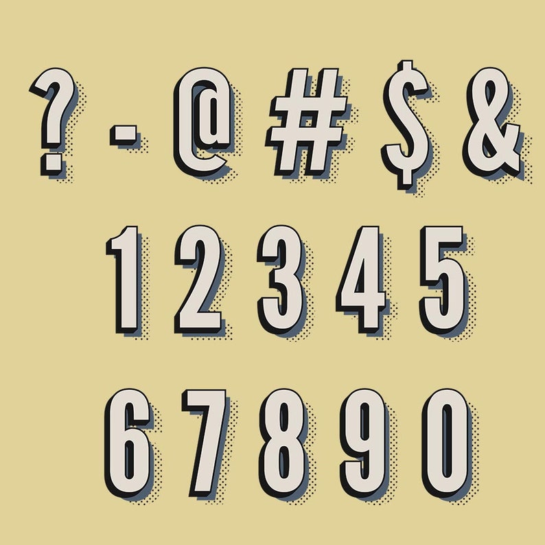 May include: A set of white numbers and symbols with a retro comic book style. The numbers include 1, 2, 3, 4, 5, 6, 7, 8, 9, and 0. The symbols include question mark, hyphen, at symbol, number sign, dollar sign, and ampersand.