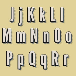 May include: A set of uppercase and lowercase letters from J to R in a retro comic book style font. The letters are white with black outlines and a dotted background.
