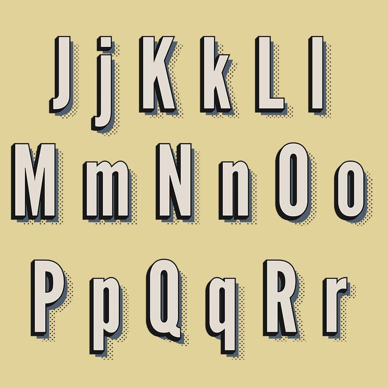 May include: A set of uppercase and lowercase letters from J to R in a retro comic book style font. The letters are white with black outlines and a dotted background.