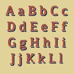 May include: A vintage-style alphabet with uppercase and lowercase letters in a red and blue color scheme. The letters have a 3D effect with a white outline.