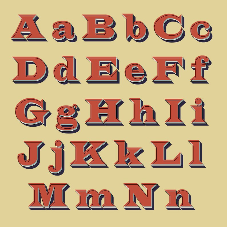 May include: A vintage style alphabet with uppercase and lowercase letters in red with a blue outline on a light yellow background.
