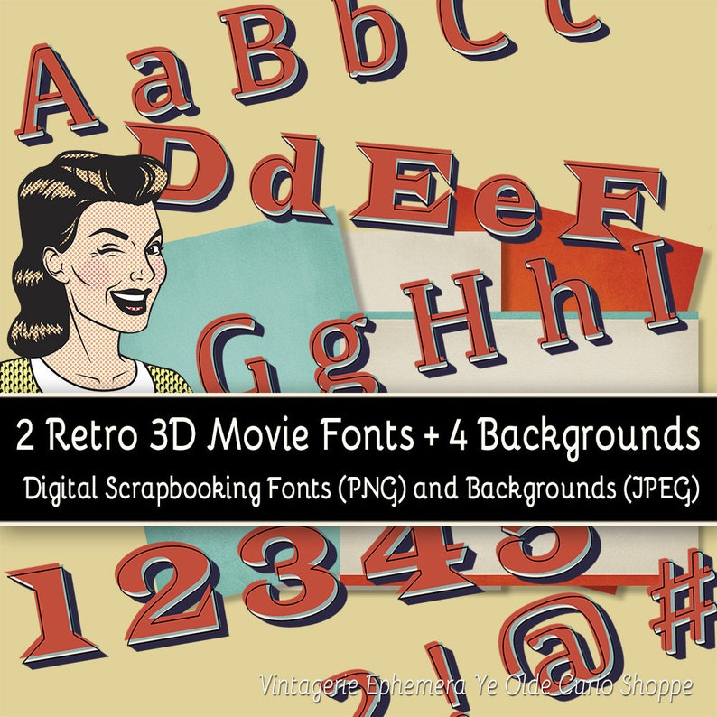 May include: Two retro 3D movie fonts in red and blue with a white outline. The fonts include uppercase and lowercase letters, numbers, and symbols. The image also includes four backgrounds in yellow, blue, and red.