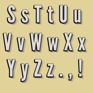 May include: A set of uppercase and lowercase letters in a retro style font with a 3D effect. The letters are white with black outlines and are set against a light yellow background.