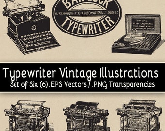 Typewriter Vintage Illustrations - Set of Six (6) EPS Vectors / PNG Transparencies