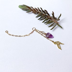 Chaîne d’oreille rajout Piercing améthyste et oiseau hélix, conch lobe cartilage barre indus pendentif gemme bijou unique cadeau femme