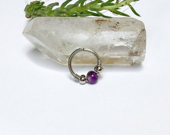 Surgical steel and amethyst piercing, 1.2 mm/16g, helix ring, conch, nostril, daith, septum, lobe, ear, 0.8 mm/20g, 1 mm/18g