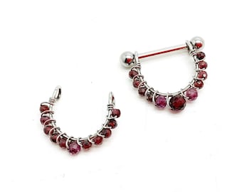 Piercing de pezón de acero quirúrgico/granate, 1,6 mm/16G, barra industrial, bola de rosca, cuentas, piedra, arte corporal bohemio hippie.