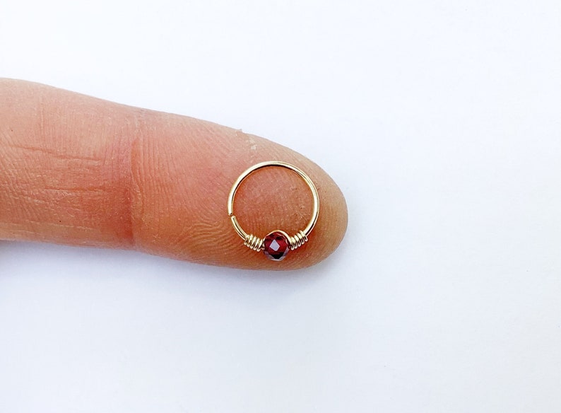 Piercing nose ring gold plated and garnet, helix, conch, septum, arch, cartilage, targus, chic, boho, hippie, wedding image 7