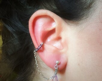 Surgical steel and amethyst ear cuff, silver ear stud, ear ring, conch ring, fake piercing, ear cuff