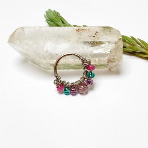 Titanium and amethyst piercing, 1.2 mm/16g, Ø 1 cm, helix ring, conch, septum, lobe, ear, unique model, boho chic, hippie, pearls