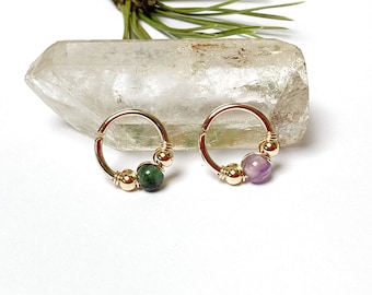 Gold plated and emerald piercing, amethyst, 1.2 mm/16g, ø 9 mm, septum ring, nose, helix, conch, daith, rook, cartilage, ear, creole