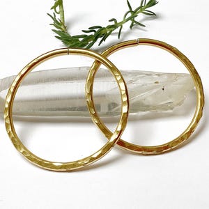 Op de afbeelding: Een paar goudkleurige oorringen met een gehamerd, getextureerd oppervlak. De ronde oorbellen zijn geplaatst voor een helder, langwerpig kwartskristal en een klein takje met groen blad, wat een reflecterende metalen afwerking laat zien.