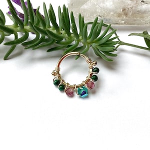 Gold plated piercing malachite rhodolite crystal 1.2mm16G Ø1.1cm ring helix conch septum daith rook cartilage upper lobe creole ear