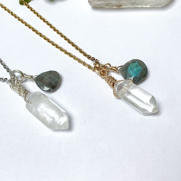 Rock crystal and labradorite point pendant necklace boho minimalist unique gemstone brings good luck talisman wedding gift