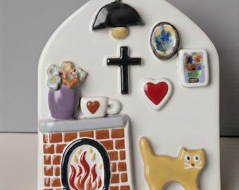 Handmade Ceramic Cat Wall Decor, Fireplace Scene, Cozy Home Plaque