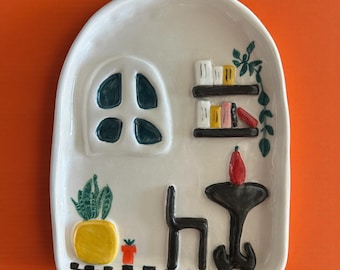 Handmade Ceramic Wall Art – Cozy Interior Scene Plate (15x12 cm)