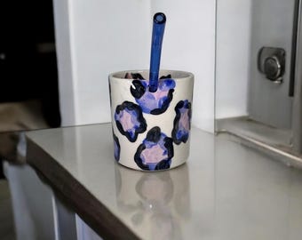 Handmade Ceramic Mug with Straw – Blue Leopard Print Design