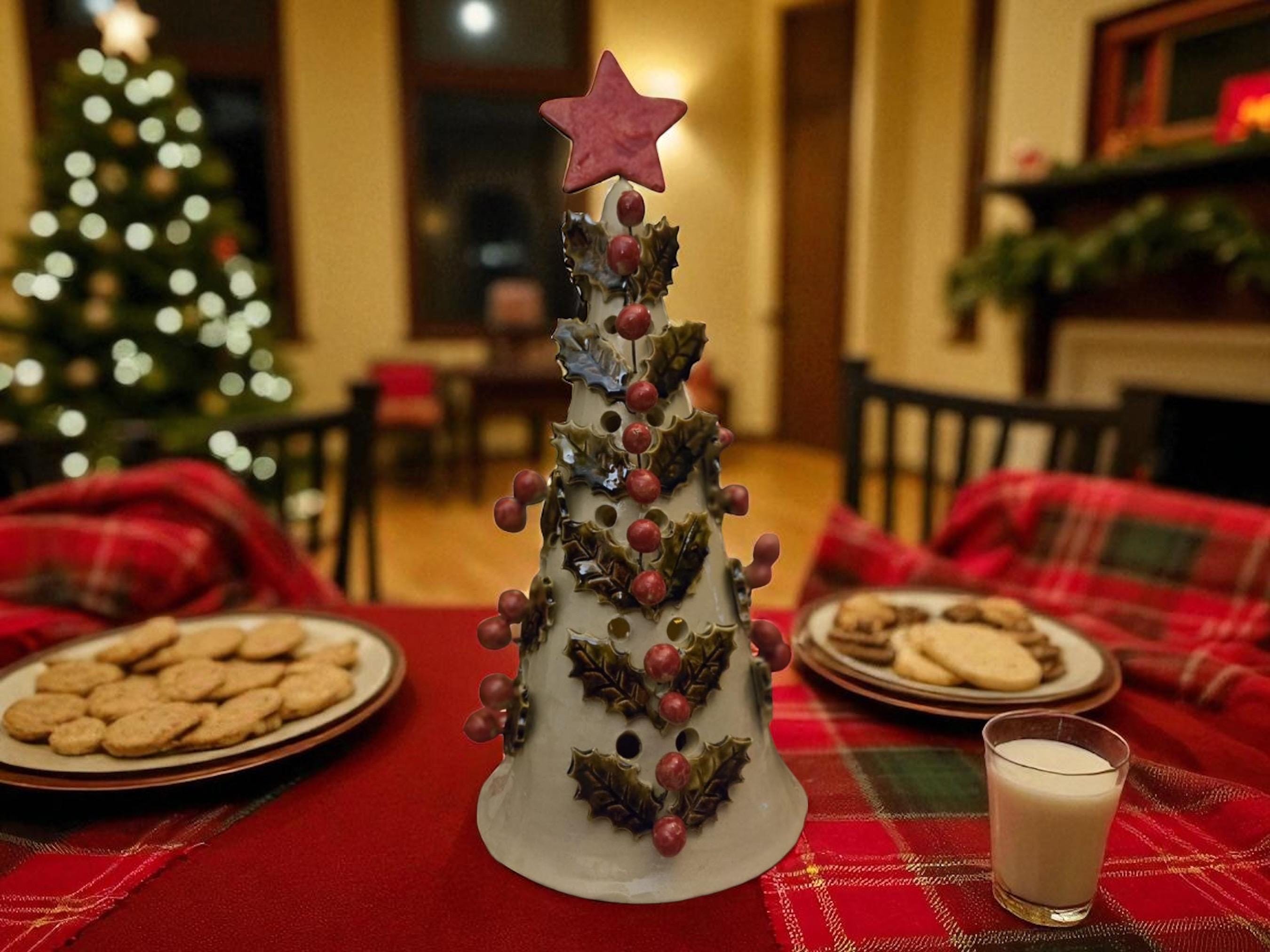 手作りの陶器製クリスマスツリーキャンドルホルダー：30cmの陶器製 