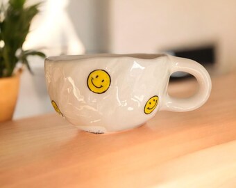 Handmade Smiley Face Mug: Glazed Ceramic Coffee Cup, 200 ml