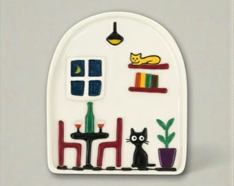 Handmade Ceramic Cat Wall Art, Miniature Room Scene (15x12 cm)